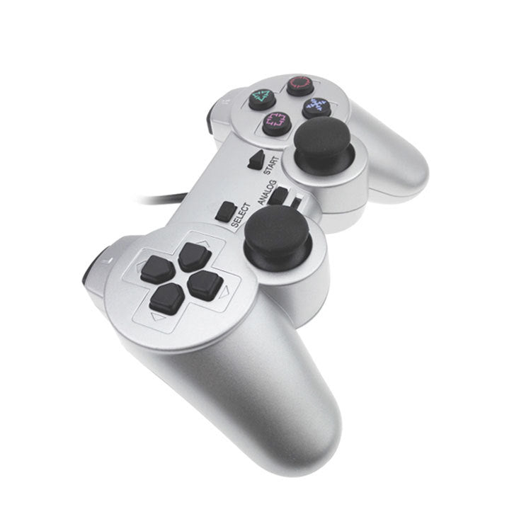 Wired PS2 Game Controller with Dual Vibration - Silver Finish for Perfect Gaming Experience