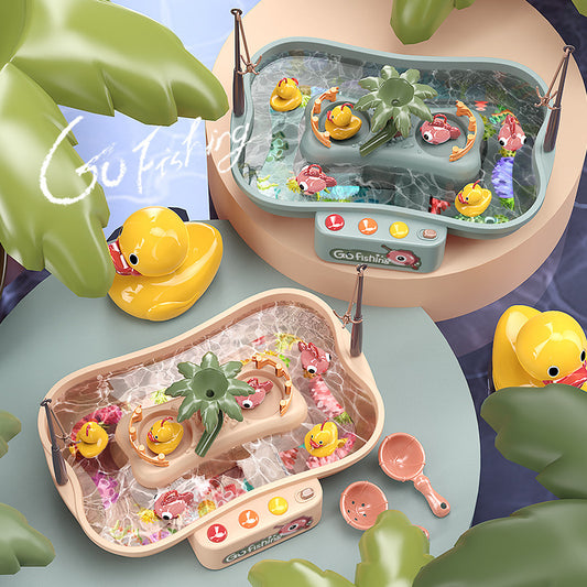 children's fishing game setup with colorful fish