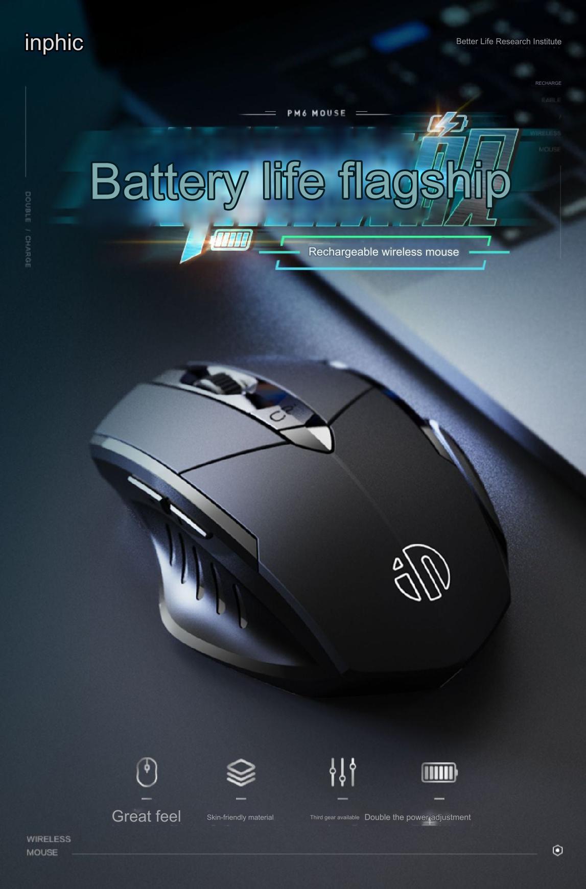 INPHIC PM6 Wireless Bluetooth Ergonomic Mouse - Silent Click, Rechargeable & Versatile for Gaming and Office Use