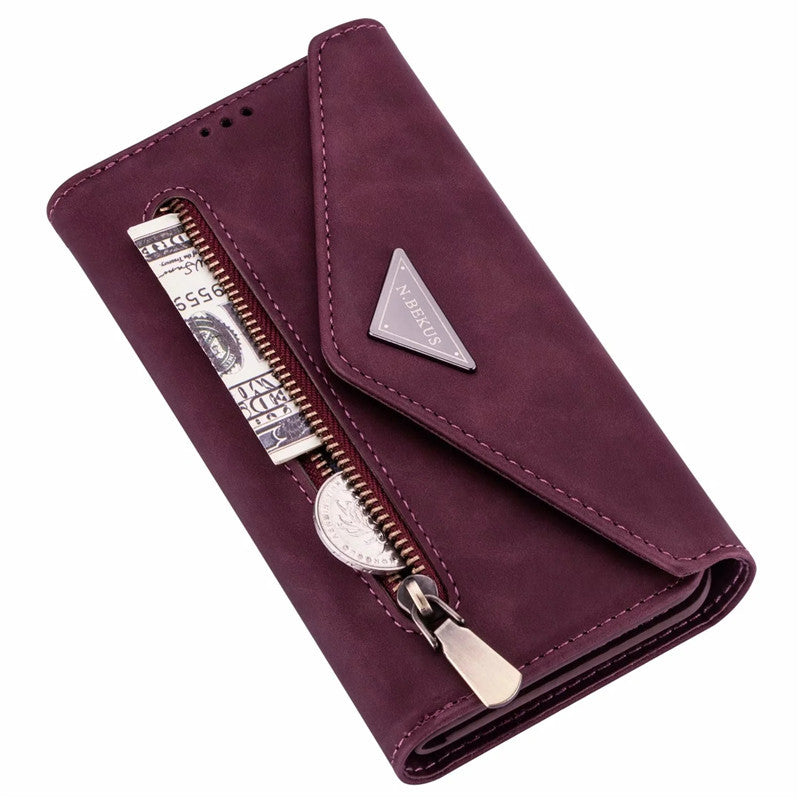 Premium PU Leather Wallet Case for iPhone & Samsung - Multi-Card Holder with Zipper Closure