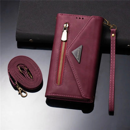 Premium PU Leather Wallet Case for iPhone & Samsung - Multi-Card Holder with Zipper Closure