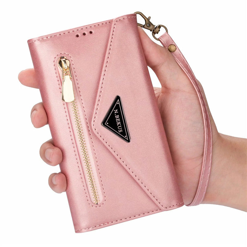 Premium PU Leather Wallet Case for iPhone & Samsung - Multi-Card Holder with Zipper Closure