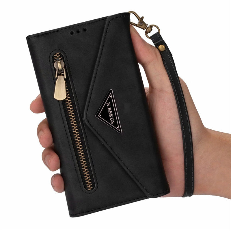 Premium PU Leather Wallet Case for iPhone & Samsung - Multi-Card Holder with Zipper Closure