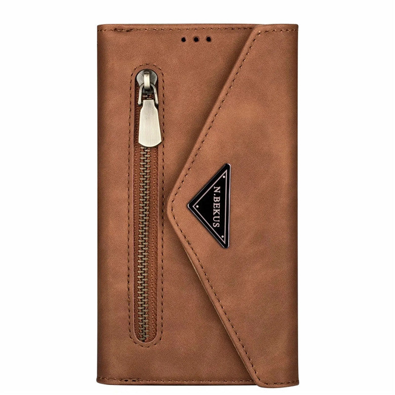 Premium PU Leather Wallet Case for iPhone & Samsung - Multi-Card Holder with Zipper Closure