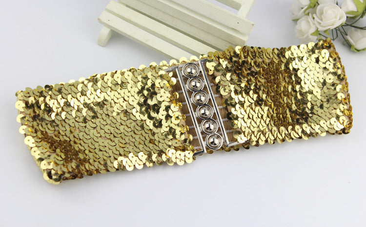 close-up of sparkling sequin belt detail