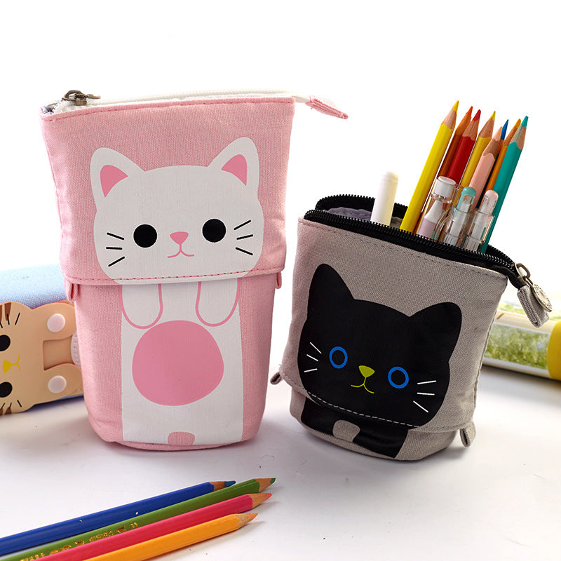 Multifunctional Canvas Pencil Case in Gray Cat design