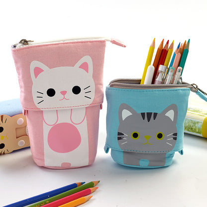 Multifunctional Canvas Pencil Case in Coffee Cat design