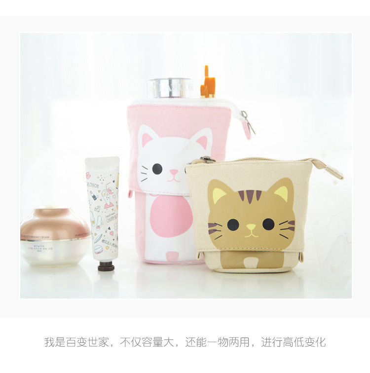 Multifunctional Canvas Pencil Case in Coffee Cat design