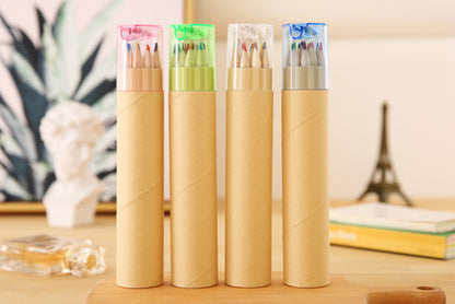 Eco-Friendly Wooden Colored Pencil Set - 6 Vibrant Colors in Portable Tube for Kids' Art and Drawing