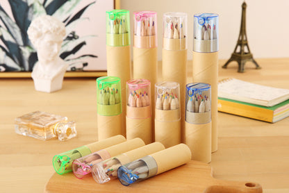 Eco-Friendly Wooden Colored Pencil Set - 6 Vibrant Colors in Portable Tube for Kids' Art and Drawing