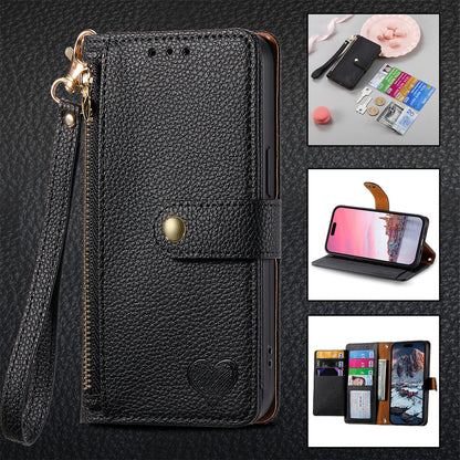 Stylish iPhone 16 Pro Max Heart-Shaped PU Leather Case with RFID Protection & Adjustable Strap