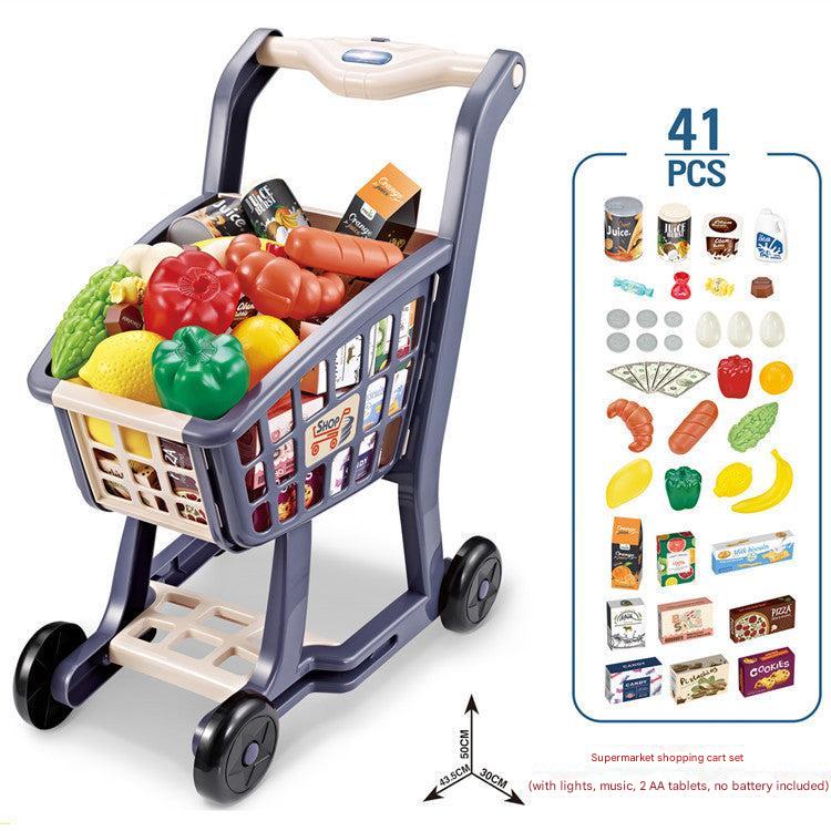 interactive toy shopping cart with yellow accents and music