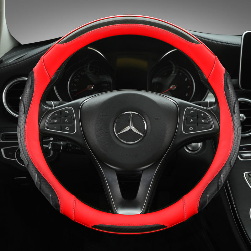 close-up of black and red steering wheel cover