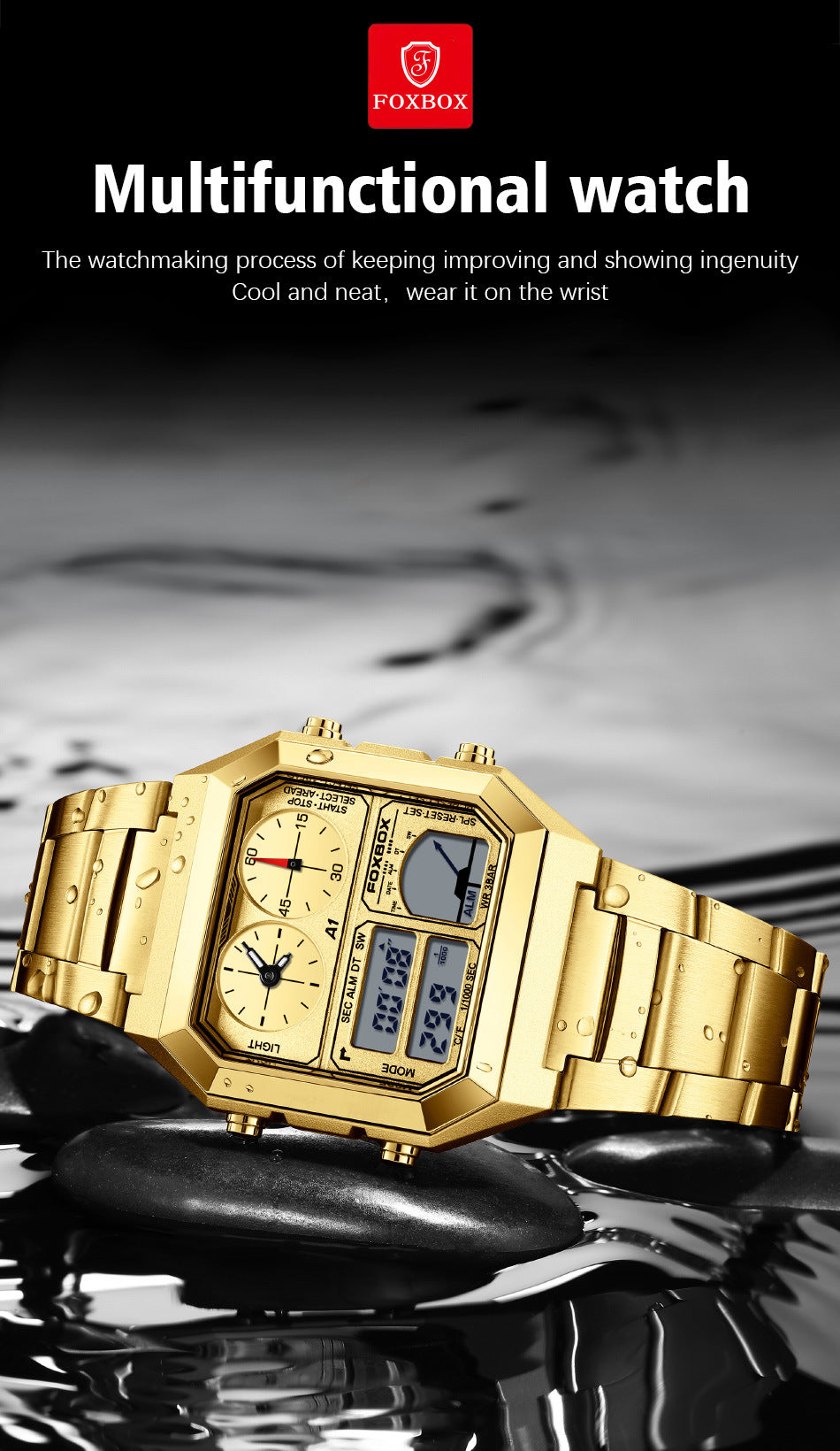 stylish men's watch in gold and black color