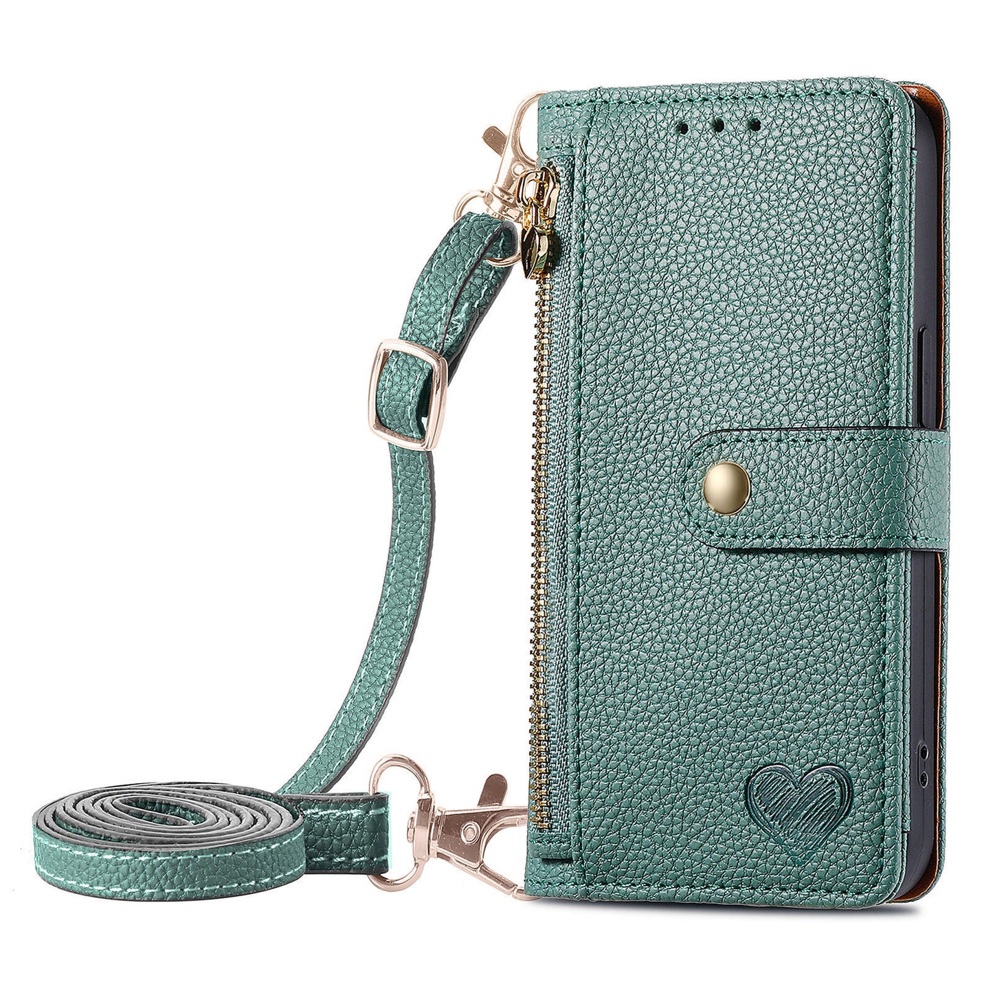 Stylish iPhone 16 Pro Max Heart-Shaped PU Leather Case with RFID Protection & Adjustable Strap