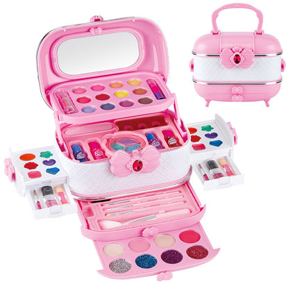 blue makeup case for children with makeup items inside