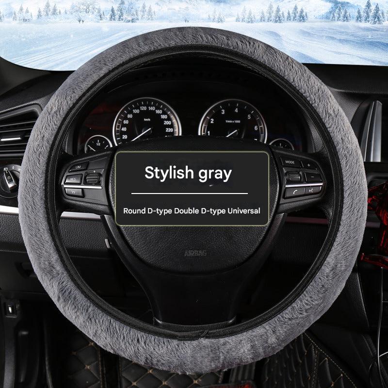 Chic grey faux fur steering wheel cover on steering wheel