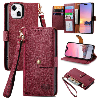 Stylish iPhone 16 Pro Max Heart-Shaped PU Leather Case with RFID Protection & Adjustable Strap