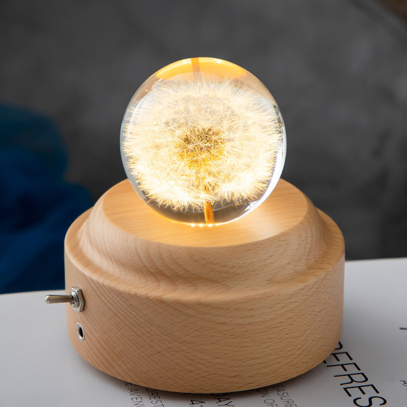 dandelion crystal ball light with USB power and wooden holder