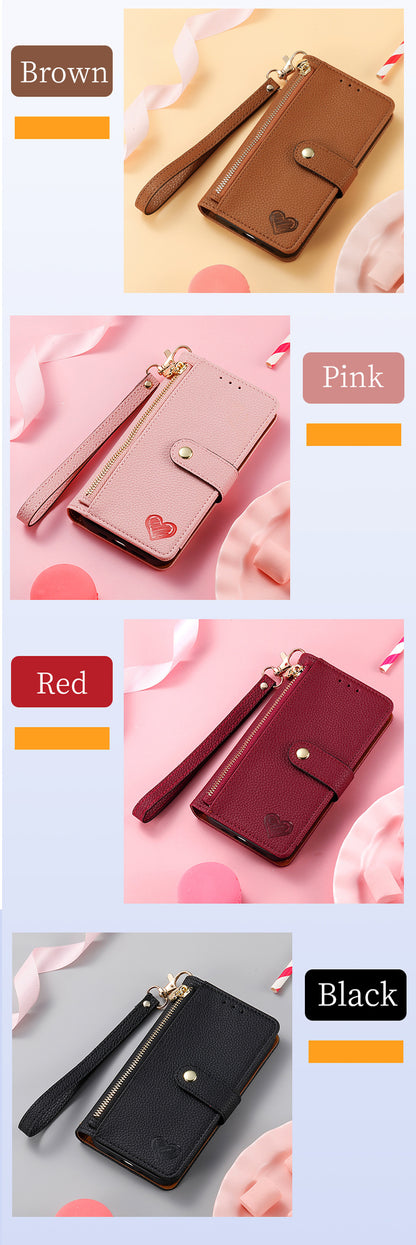 Stylish iPhone 16 Pro Max Heart-Shaped PU Leather Case with RFID Protection & Adjustable Strap