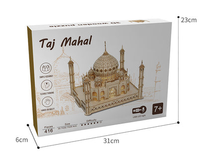 Taj Mahal Wooden Model Kit with LED Lighting - DIY 3D Puzzle for Kids Ages 7-14 | Unique Decorative Collectible