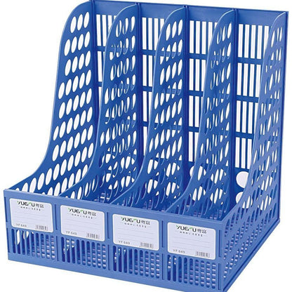 blue office document organizer on desk