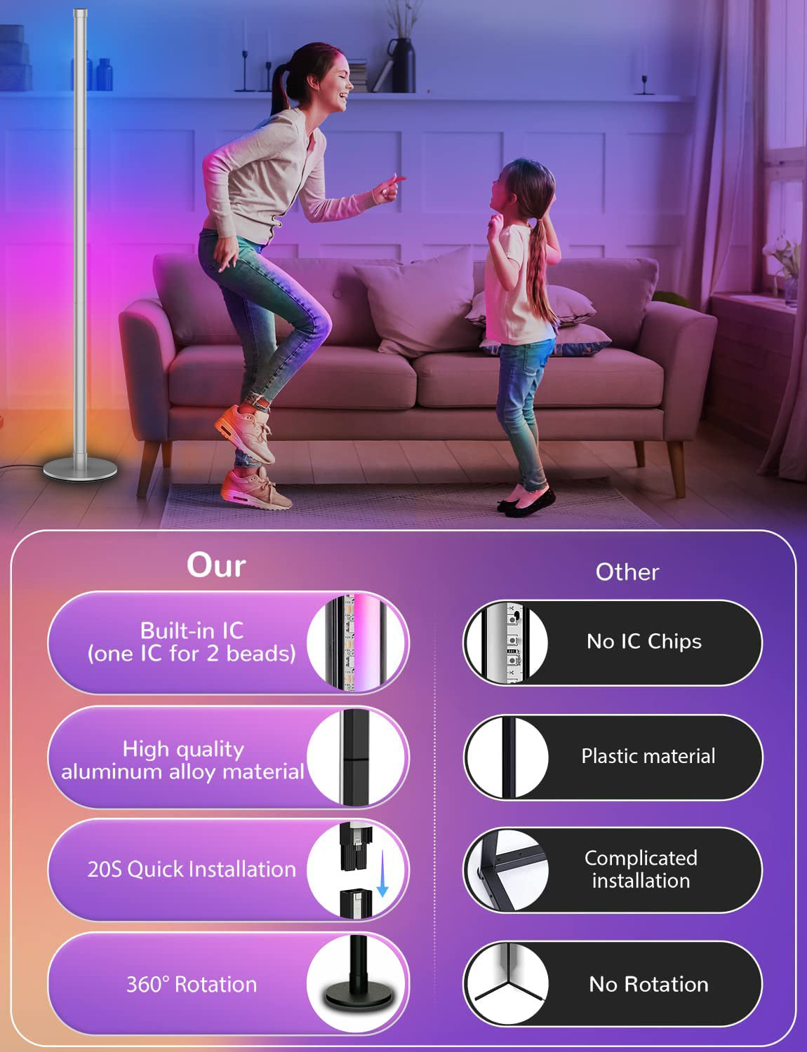 Modular floor lamp sections for easy height adjustment