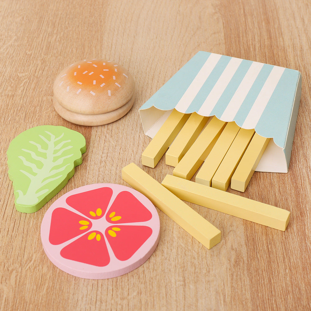 wooden play food set with burger and fries for kids pretend play