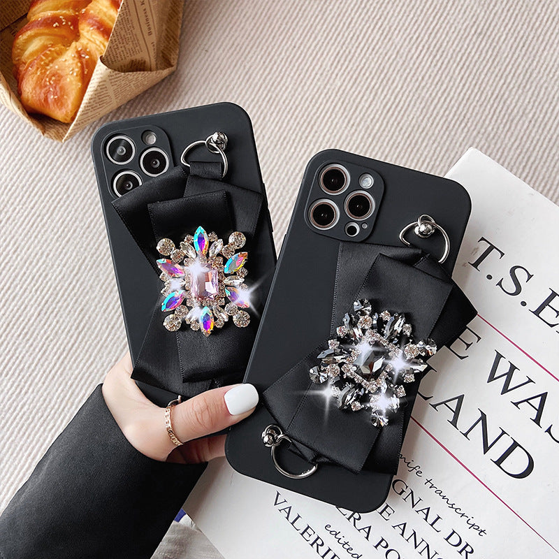 Stylish TPU iPhone Case with Crystal Design - Compatible with iPhone 7/8/X/11/12/13/14 - Elegant Wrist Strap Feature