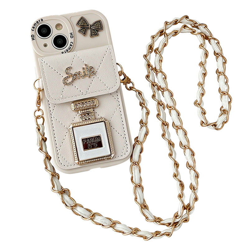 Chic Crossbody Wallet Case for iPhone 14/13/12 - Stylish TPU Phone Bag with Mirror & Chain - Protective & Versatile Design