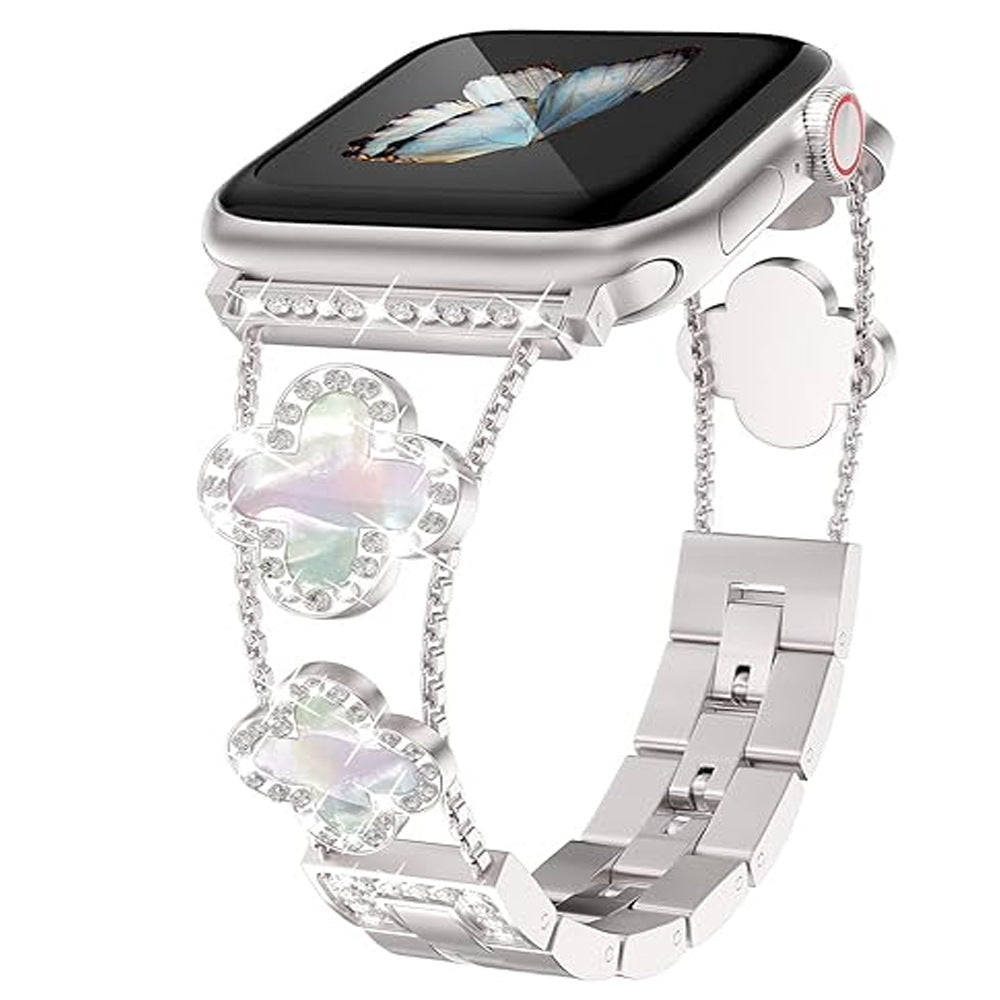 Stylish Four-Leaf Clover Rhinestone Metal Band for Apple Watch Series 1-9 - Versatile Adjustable Sizes