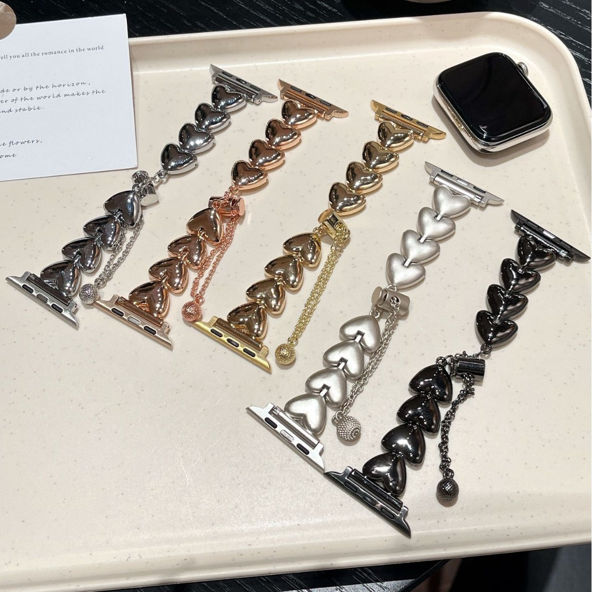 Stylish Metal Heart Link Bracelet for Apple Watch - Adjustable Fashion Band in Rose Gold, Black, Silver, and Gold