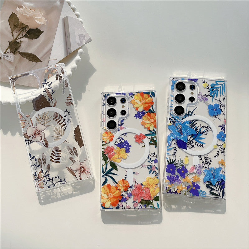 Floral Magnetic Samsung Galaxy S24/S23/S22 Clear TPU Case - Dual-Layer Printed Design