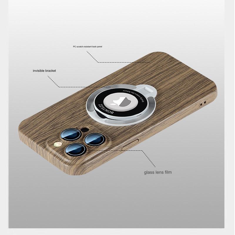 Stylish Magnetic Phone Case with Stand for iPhone 14/15 - All-Weather Protection & Premium Wood Finish