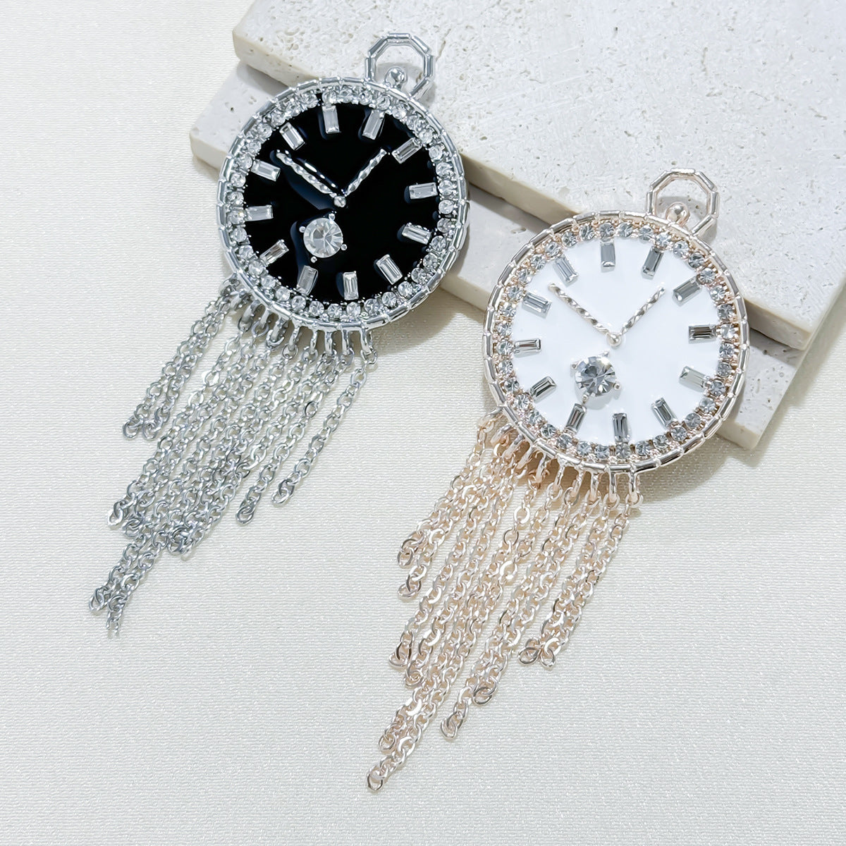 Trendy tassel clock brooch with rhinestones