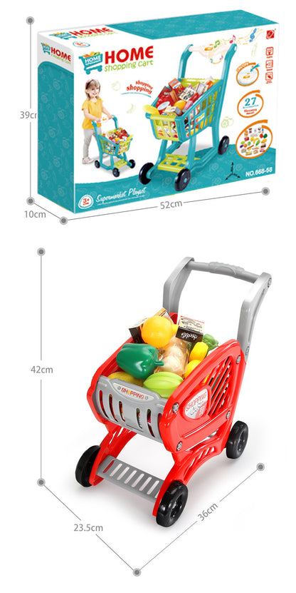 boy playing with supermarket shopping cart toy