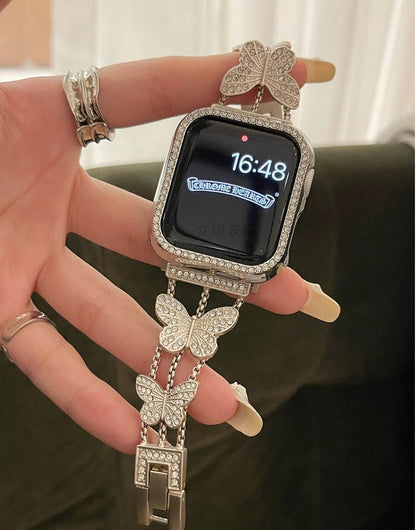 Luxury Butterfly Chain Watch Band for Apple Watch Series 7/8, Stylish Metal Bracelet with Crystals, Compatible with 38mm to 49mm Models