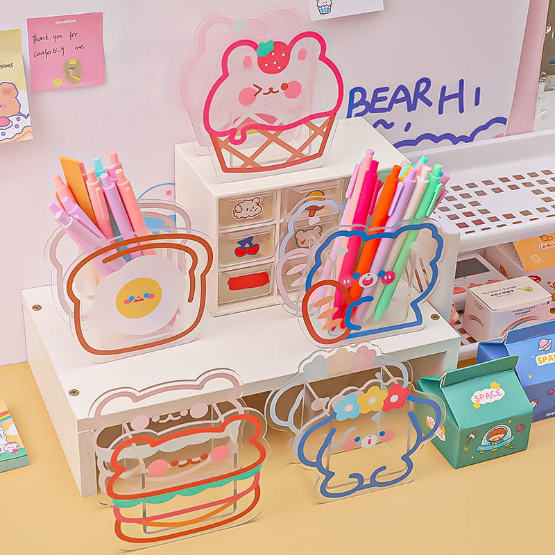 Transparent acrylic pen holder with hamburger bear design