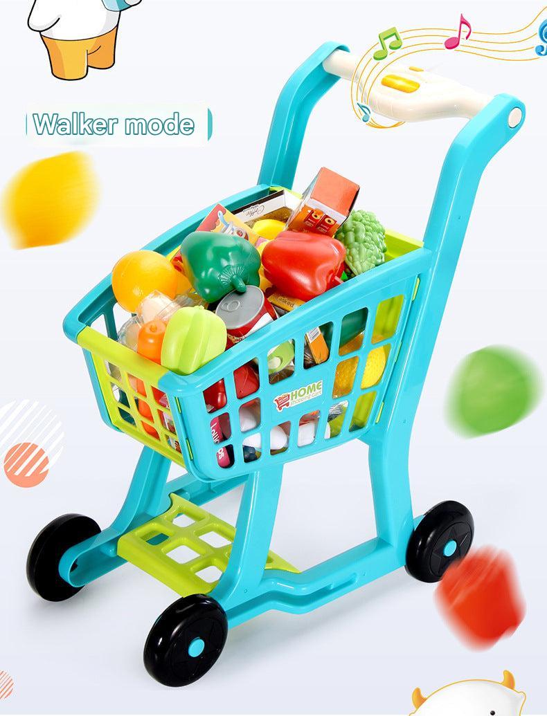 preschooler using red toy shopping cart outdoors