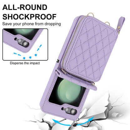 Stylish Samsung Z Flip 5 and Z Flip 6 Crossbody Phone Case with Card Holder - Durable PU+TPU Protection