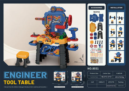 child examining parts of toy tool set