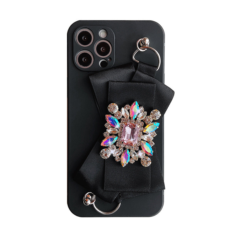 Stylish TPU iPhone Case with Crystal Design - Compatible with iPhone 7/8/X/11/12/13/14 - Elegant Wrist Strap Feature