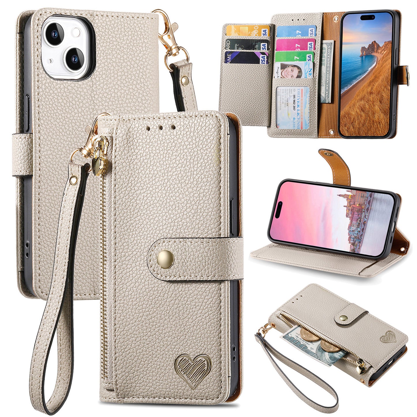 Stylish iPhone 16 Pro Max Heart-Shaped PU Leather Case with RFID Protection & Adjustable Strap