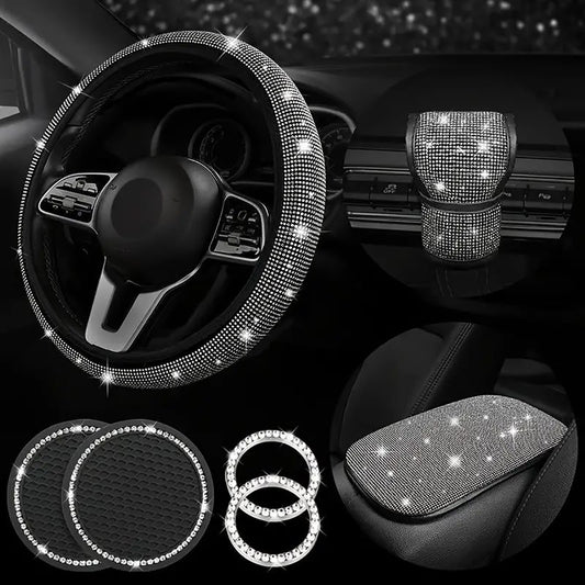 diamond-studded white steering wheel cover set in car