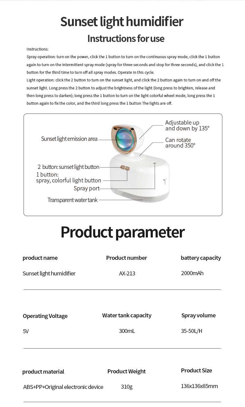 humidifier with sunset light on desk
