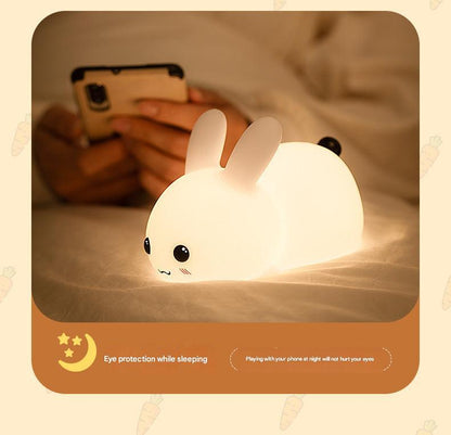 Soft ambient lighting emitted by rabbit-shaped night lamp