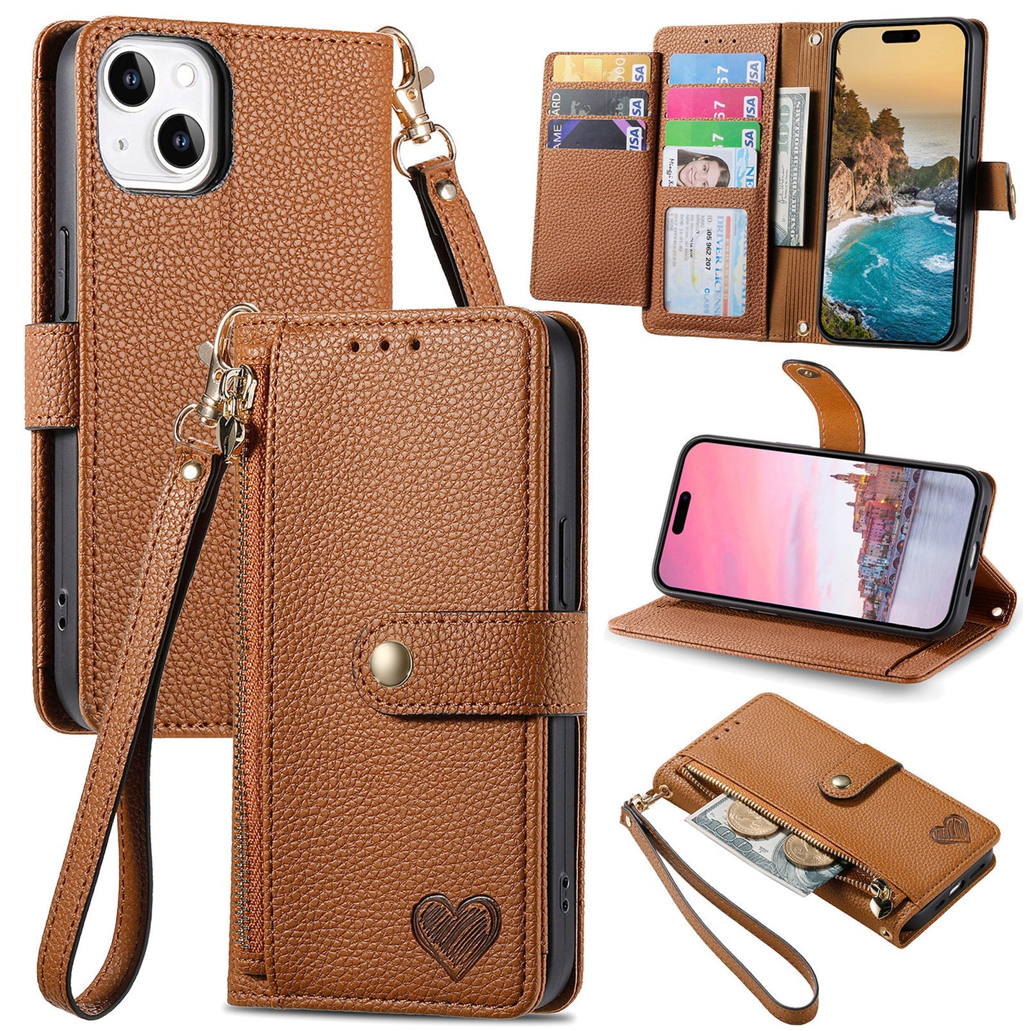 Stylish iPhone 16 Pro Max Heart-Shaped PU Leather Case with RFID Protection & Adjustable Strap