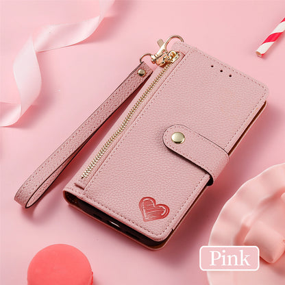 Stylish iPhone 16 Pro Max Heart-Shaped PU Leather Case with RFID Protection & Adjustable Strap