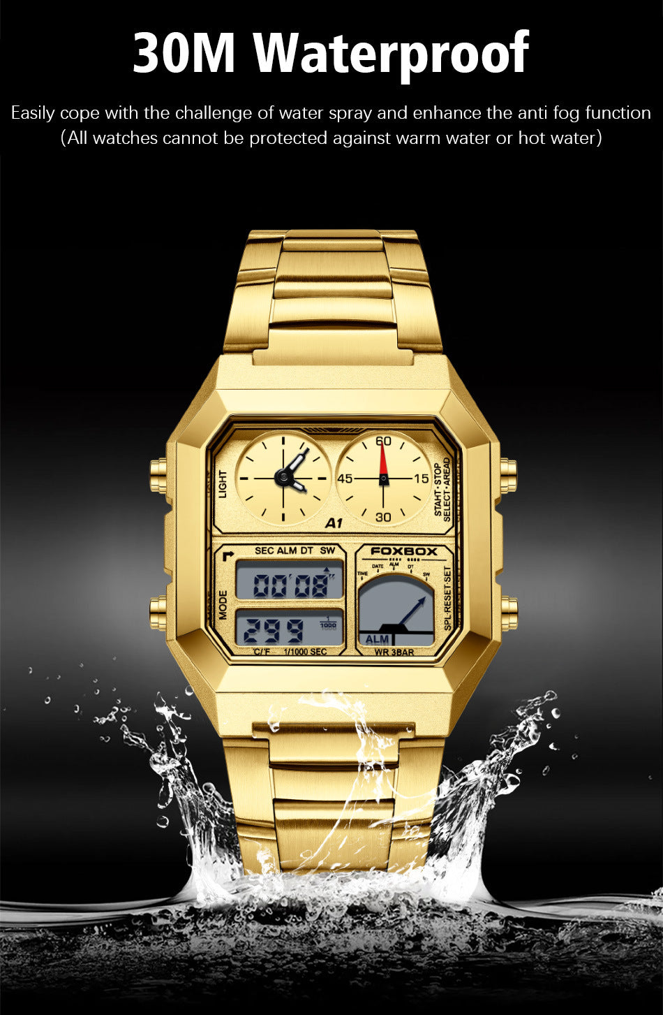waterproof men's sports watch with dual display
