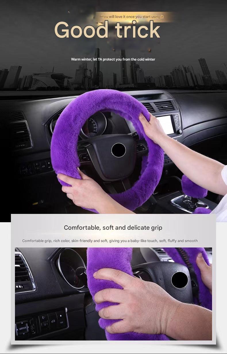 plush pink steering wheel cover in car